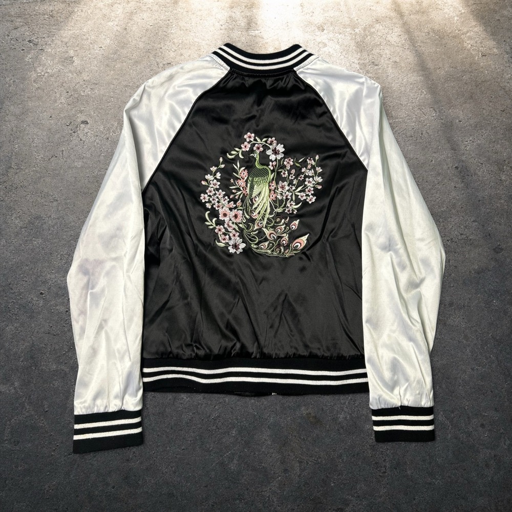 Full Tilt Kids XL Black White Satin Peacock Embroidered Bomber Jacket Y2K Retro